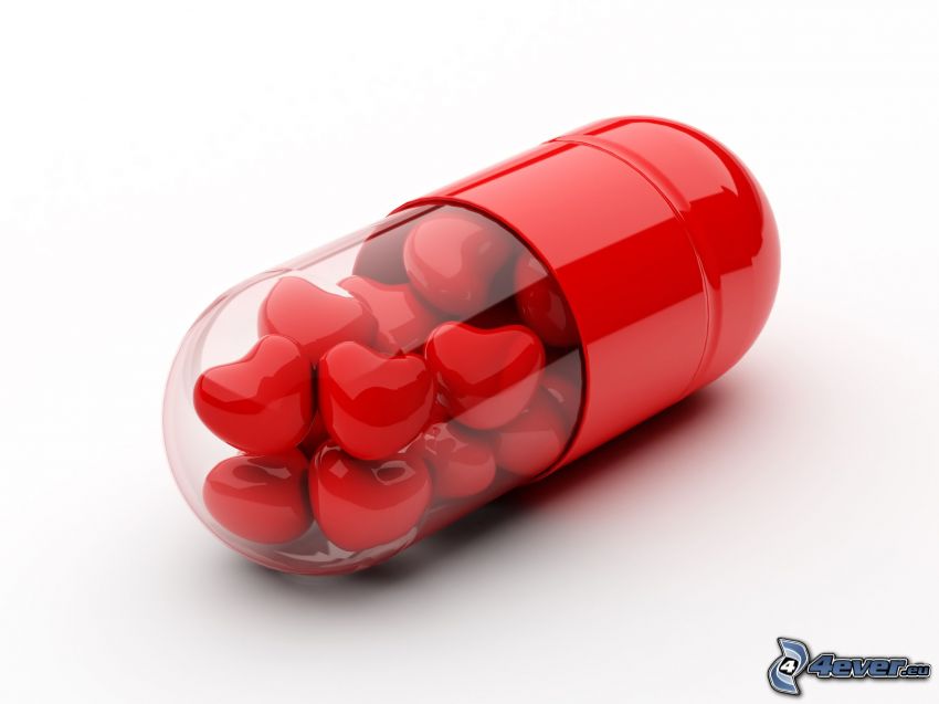 pill, red hearts