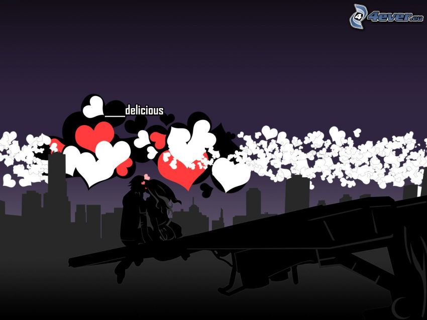 silhouette of couple, silhouette of the city, hearts