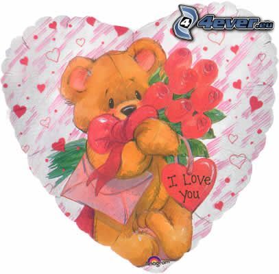 teddy bear with flowers, heart pillow, I love you