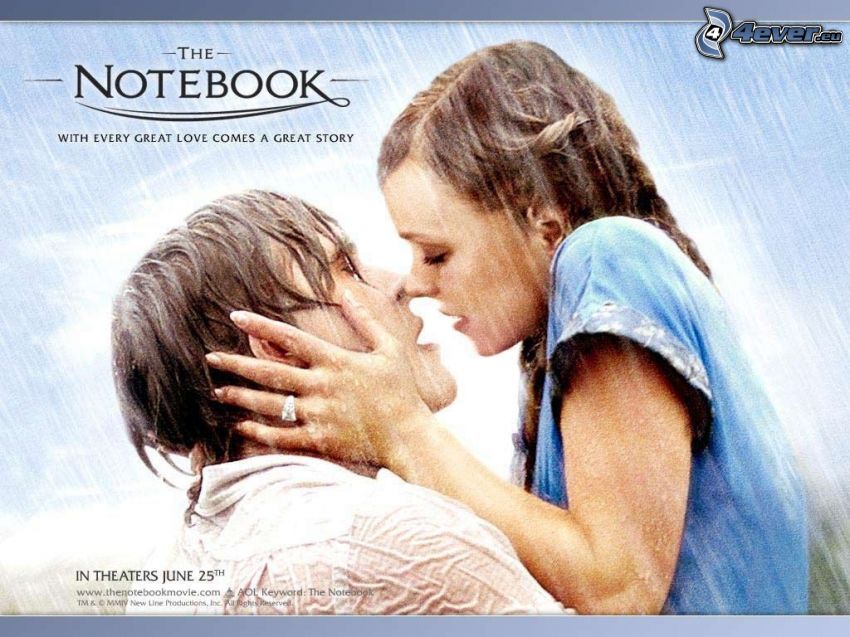 The Notebook, couple in the rain, flying kiss