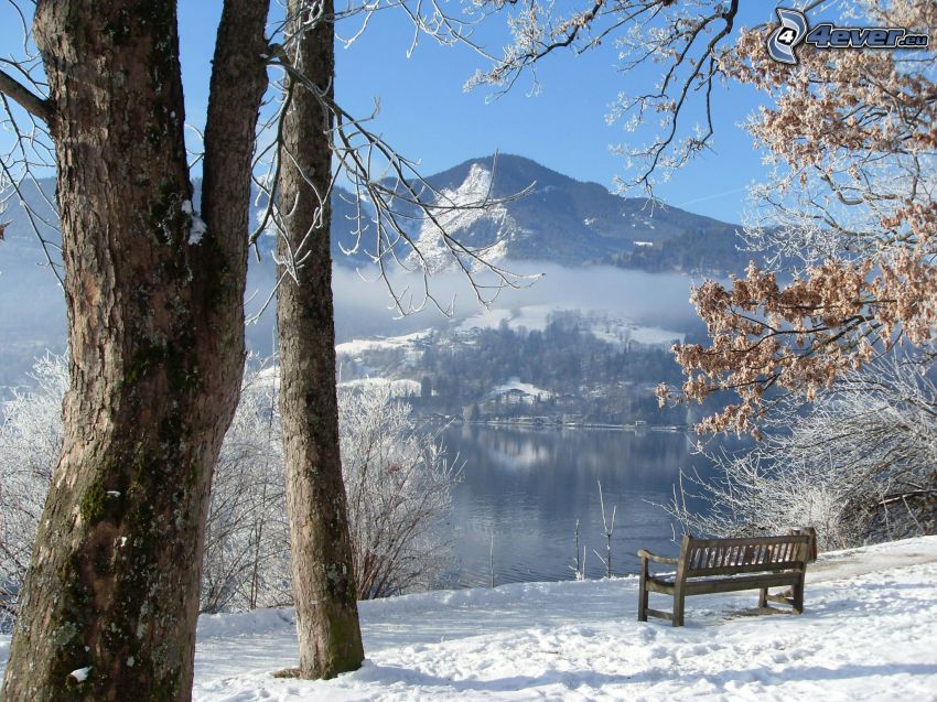 bench, snowy landscape, lake, hill