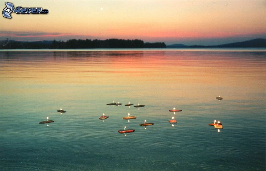 boats on the lake, candles, evening, after sunset