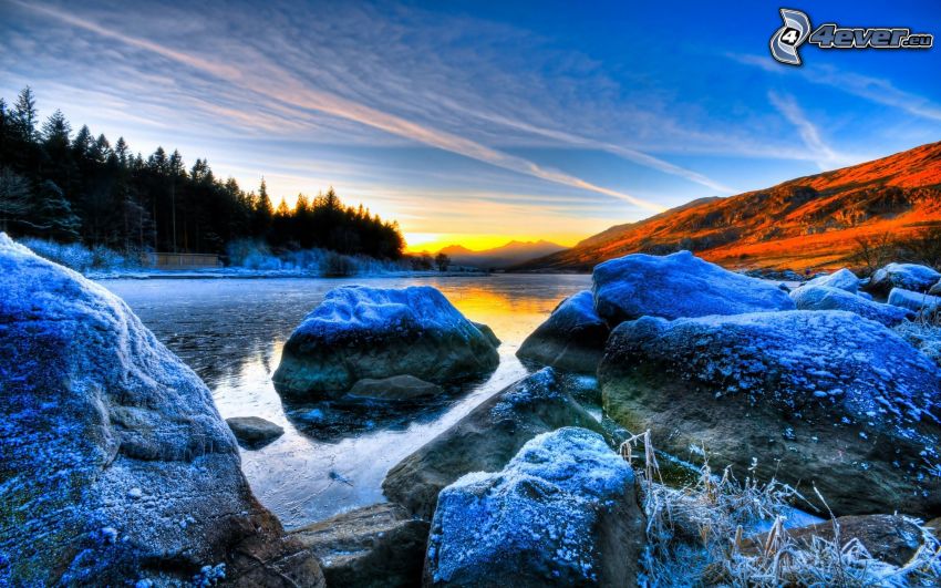 boulders, lake, icing, sunset, HDR
