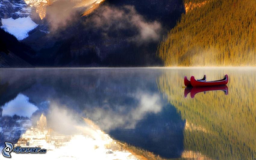 canoe, lake, mountains