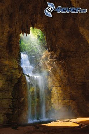 cave, waterfall, sunbeams