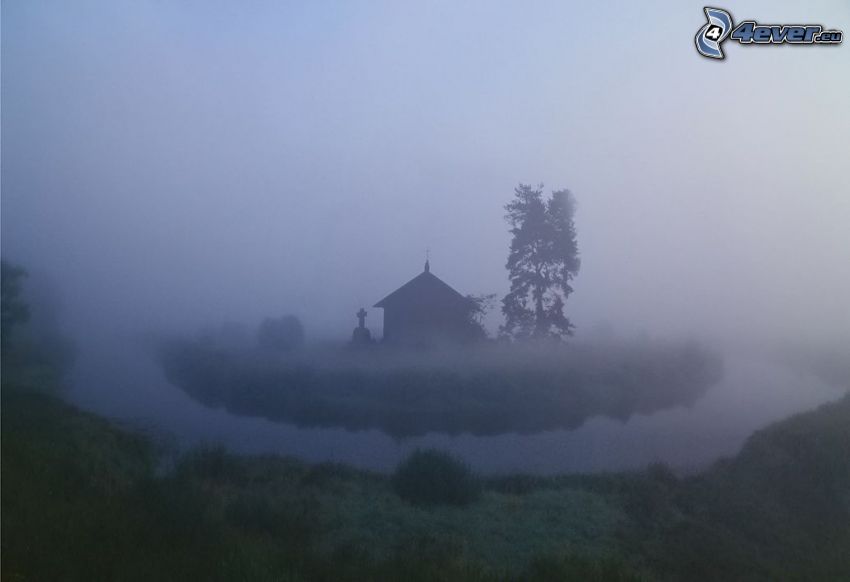 chapel, stream, fog, tree
