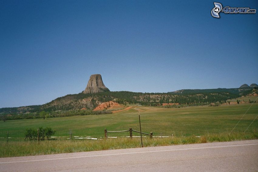 Devils Tower, rock, forests and meadows