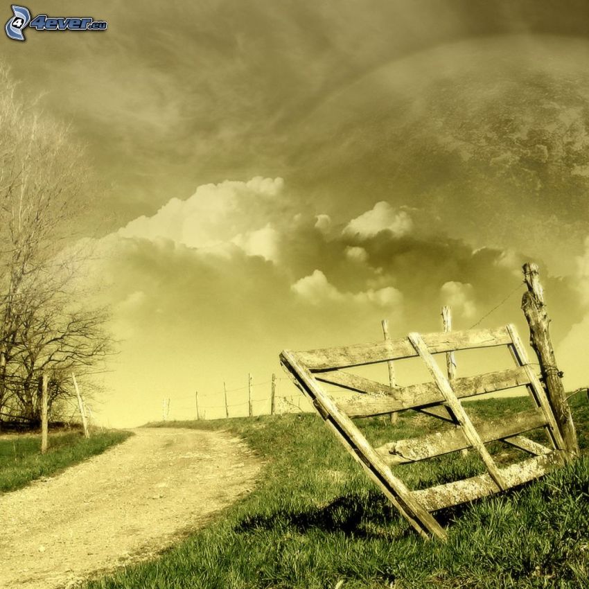 field path, fence, clouds, sepia