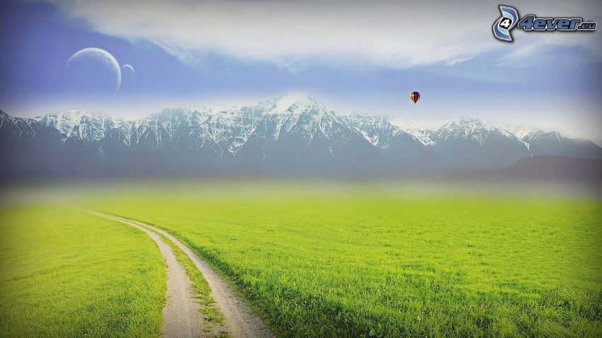 field path, grass, snowy mountains, moon, hot air balloon