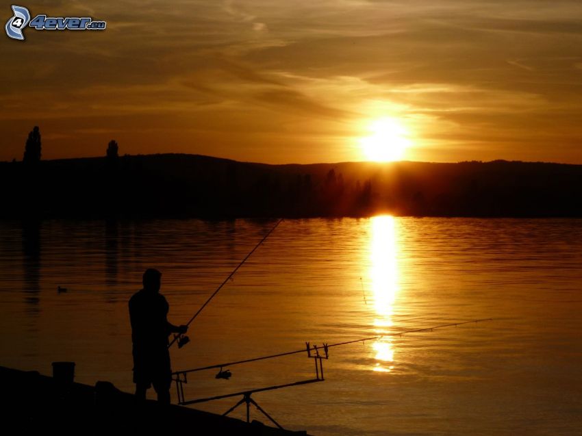 fisherman at sunset, lake