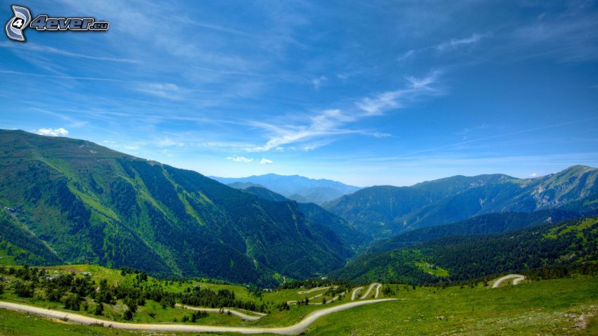 forests and meadows, mountains, road, hairpin turn