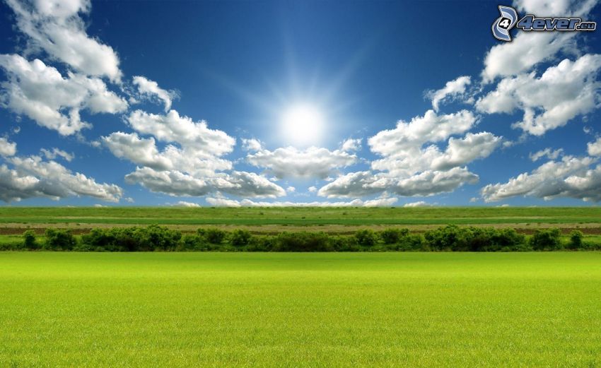 green meadow, sun, clouds