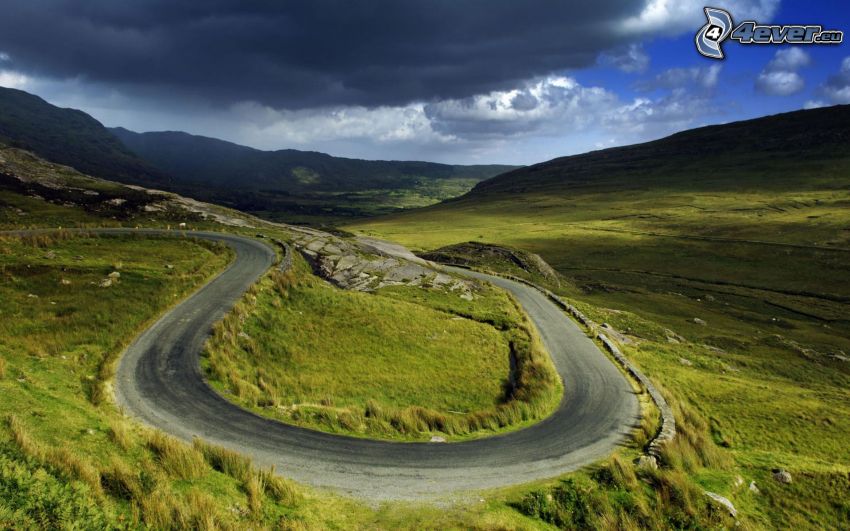 hairpin turn, road, road curve, greenery, hills