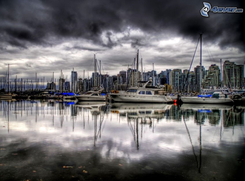 harbor, ships, water, clouds, HDR
