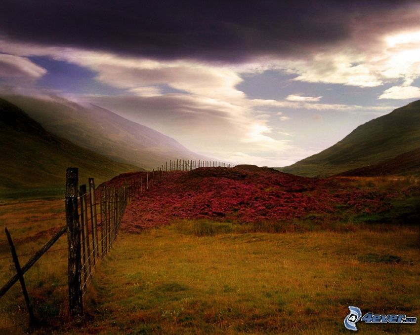 hills, fence, sky, clouds, mountain, meadows
