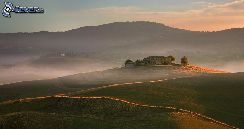 house, fields, ground fog, hills, evening