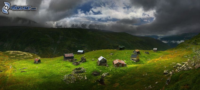 houses, hills, grass, clouds