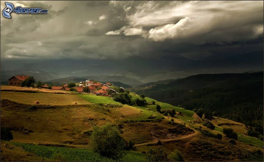 houses, hills, view of the landscape, forest, clouds