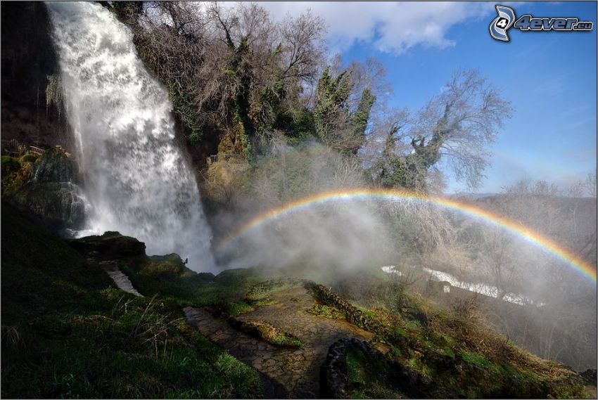 huge waterfall, rainbow, rock