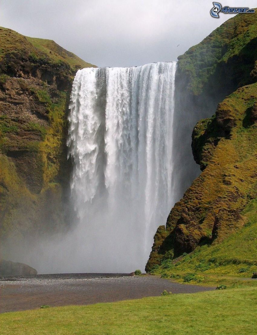 huge waterfall, River, grass