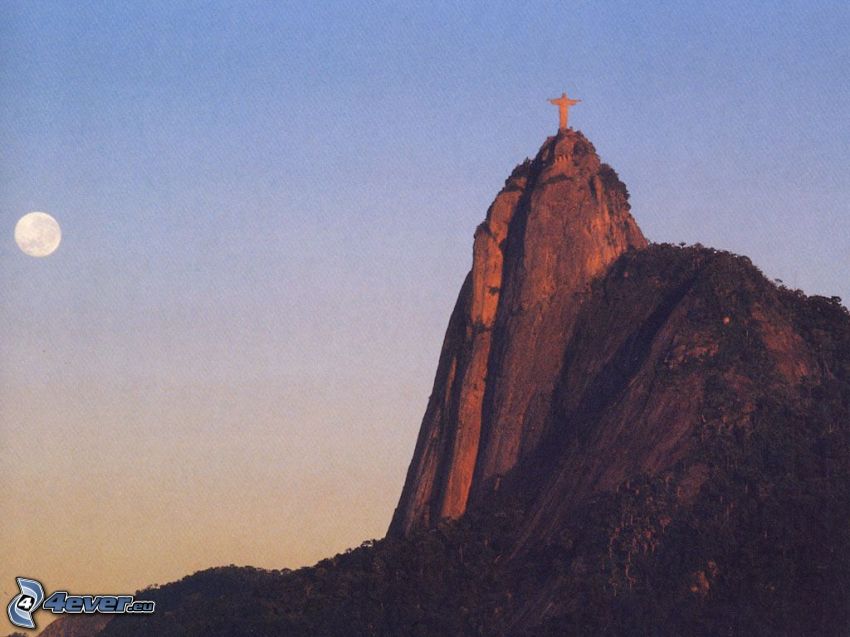 Jesus in Rio de Janeiro, rocky mountain, Moon