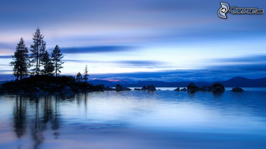 lake, after sunset, silhouettes of the trees, mountain