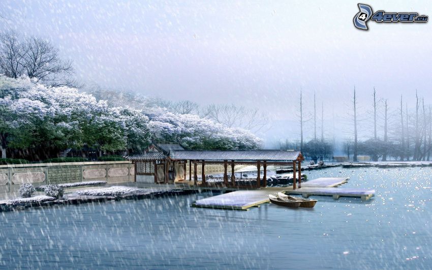 lake, boats, snowfall