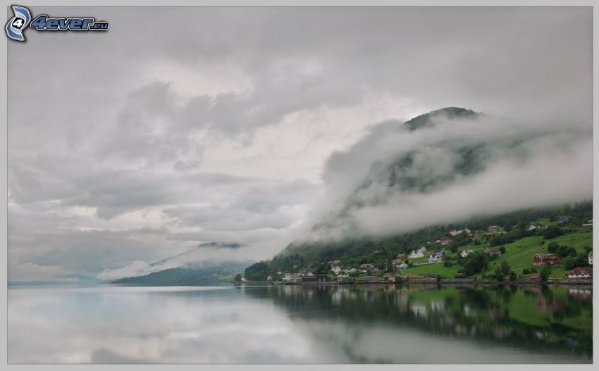 lake, clouds, hill, houses
