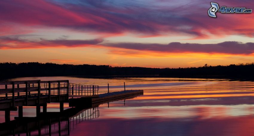 lake, evening sky, wooden pier, reflection