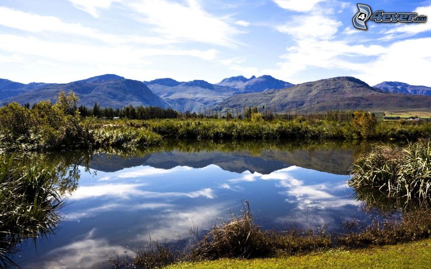 lake, hills, reflection