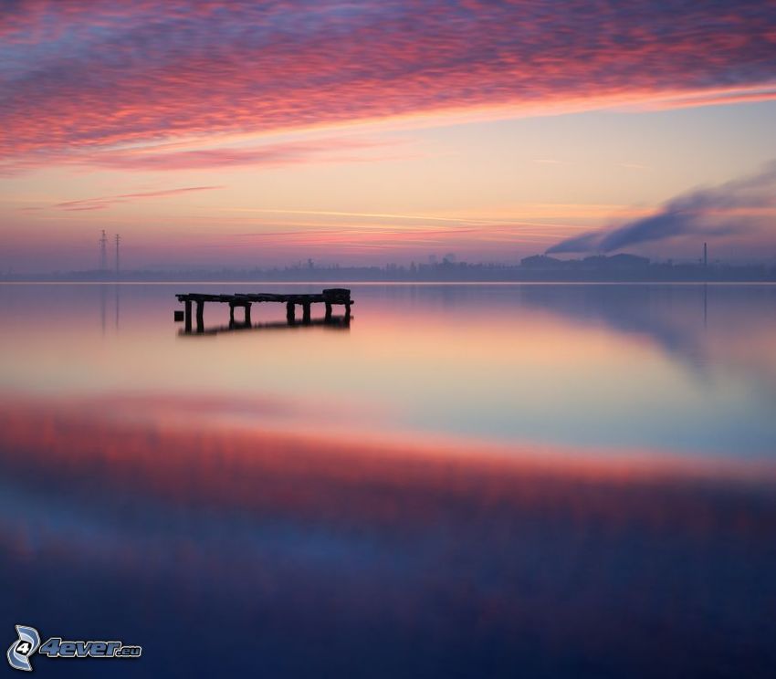 lake, pier, after sunset