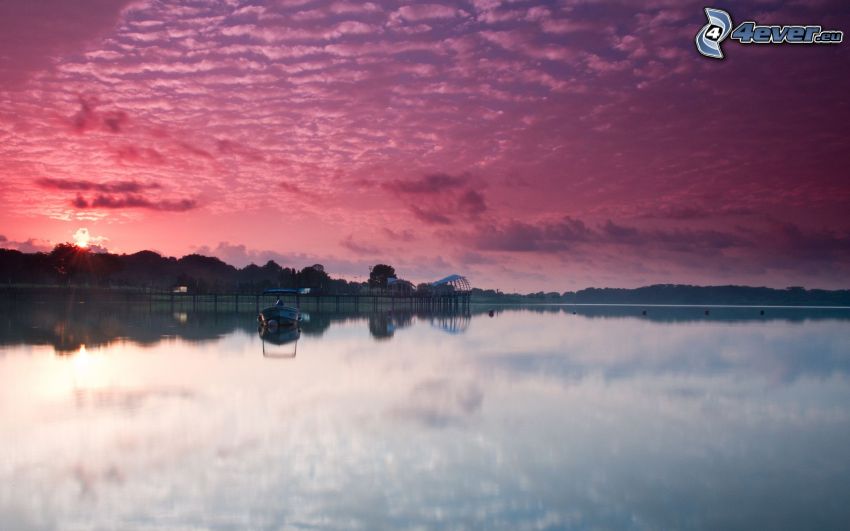 lake, purple sky, boat, calm water level