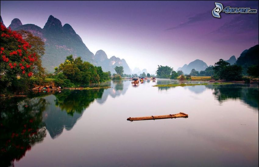 lake, raft, high mountains, reflection, calm water level, China