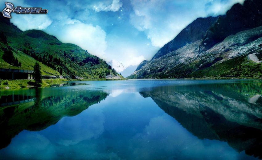 lake, rocky hills, reflection, clouds