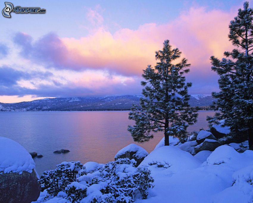 lake, snowy trees, mountain, clouds