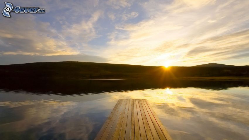 lake, sunrise, wooden pier, mountain