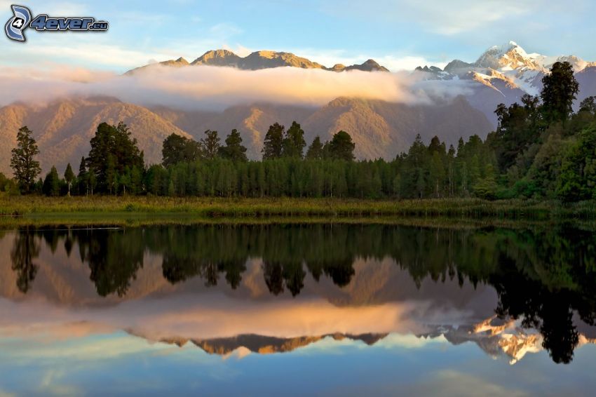 lake in the forest, reflection, trees, mountains, cloud