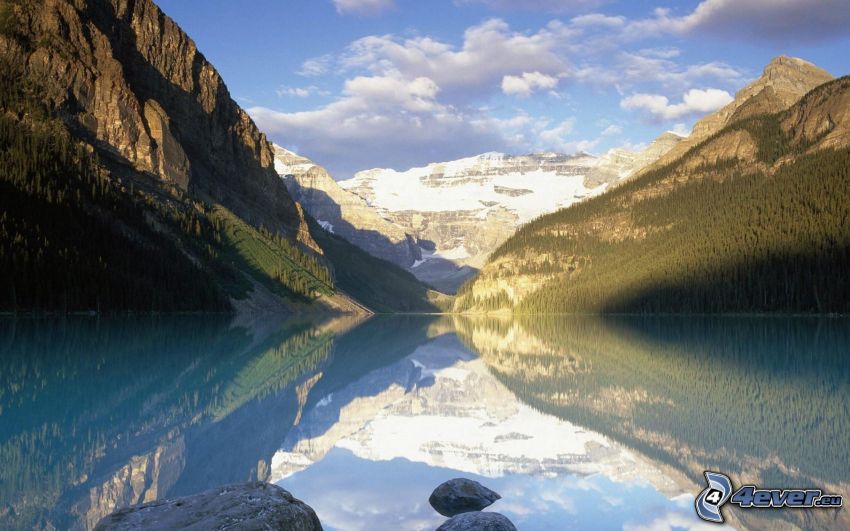 lake Louise, Alberta, Canada, lake, rocky mountains, snowy hill, reflection