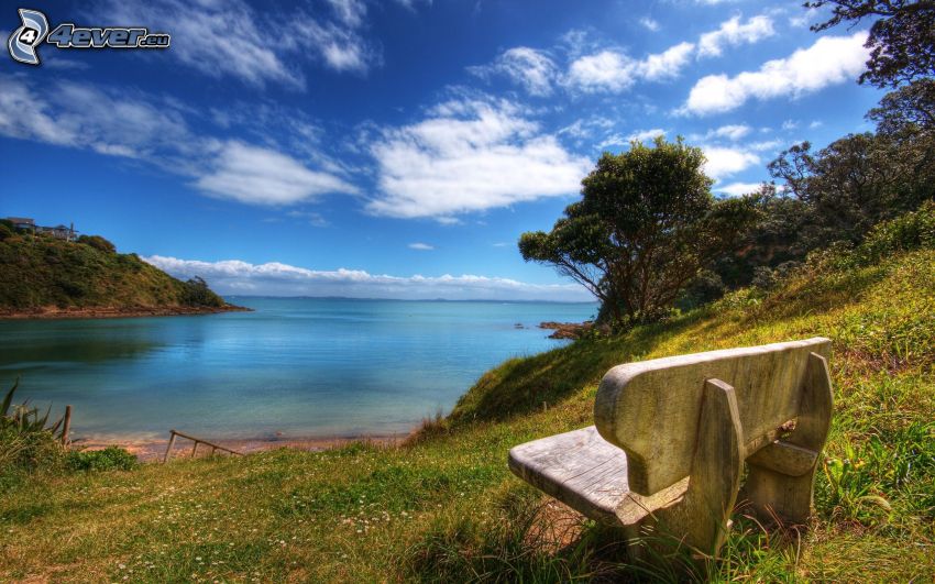 bench near lake, sky, HDR