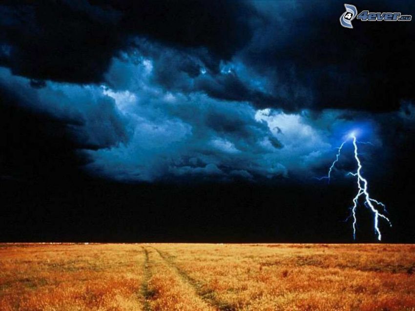 dark storm sky, lightning, meadow
