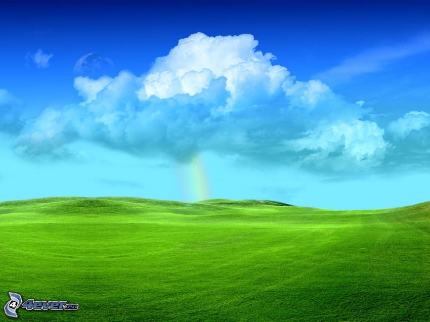 field, meadow, sky, cloud, rainbow