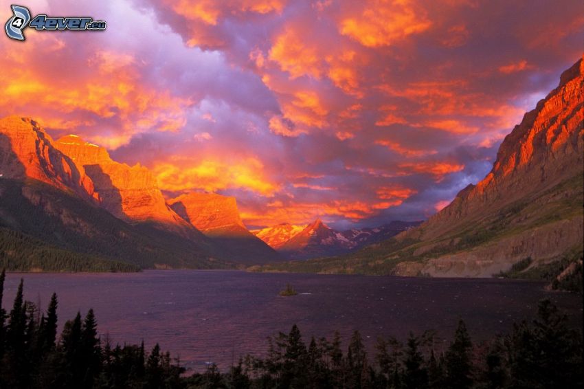 Glacier National Park, lake, mountains, pink sky