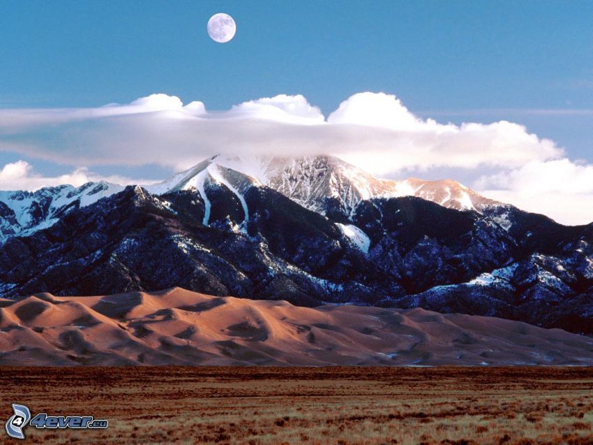 Great Sand Dunes National Park, mountains, Moon, clouds