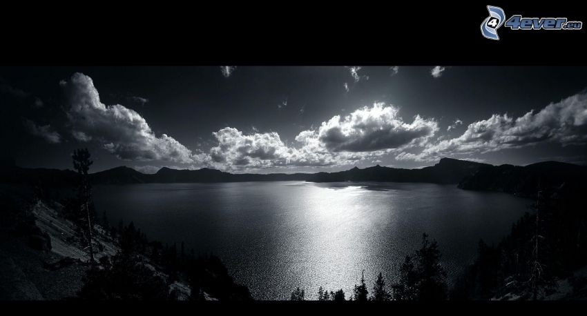 lake, black and white