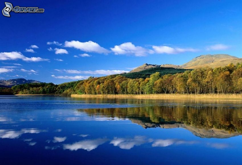 lake, hills, autumn trees, reflection