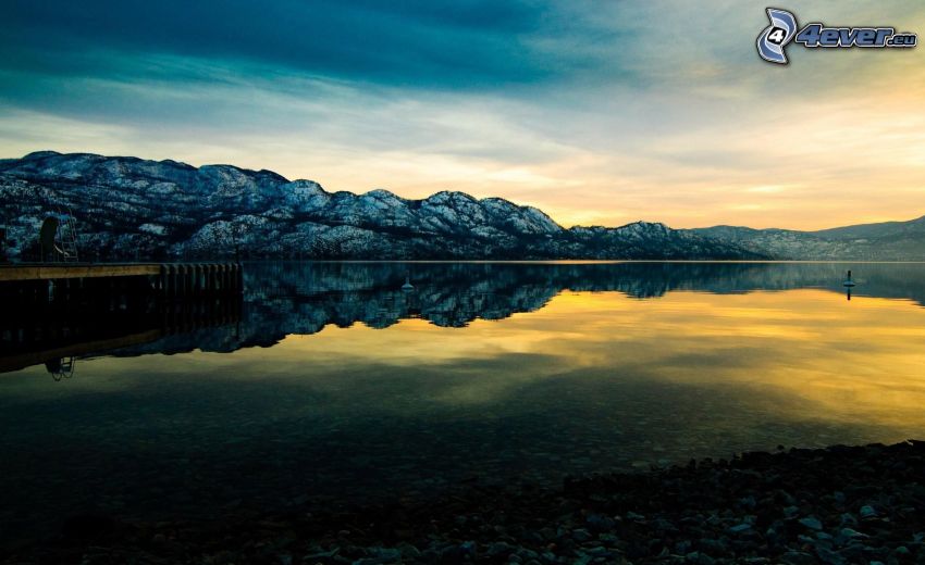 lake, rocky hills, reflection, sunset