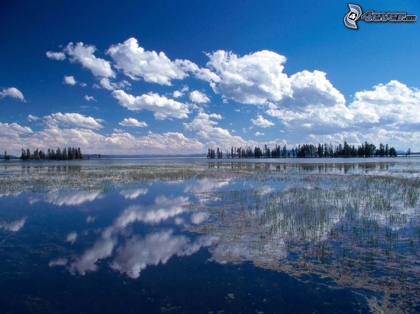 lake, sky, reflection, clouds