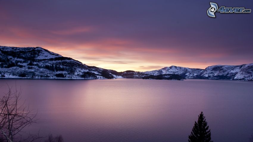 lake, snowy hills, sunrise
