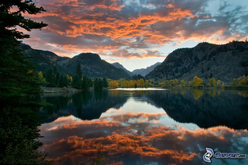 mountain, lake, sky, reflection