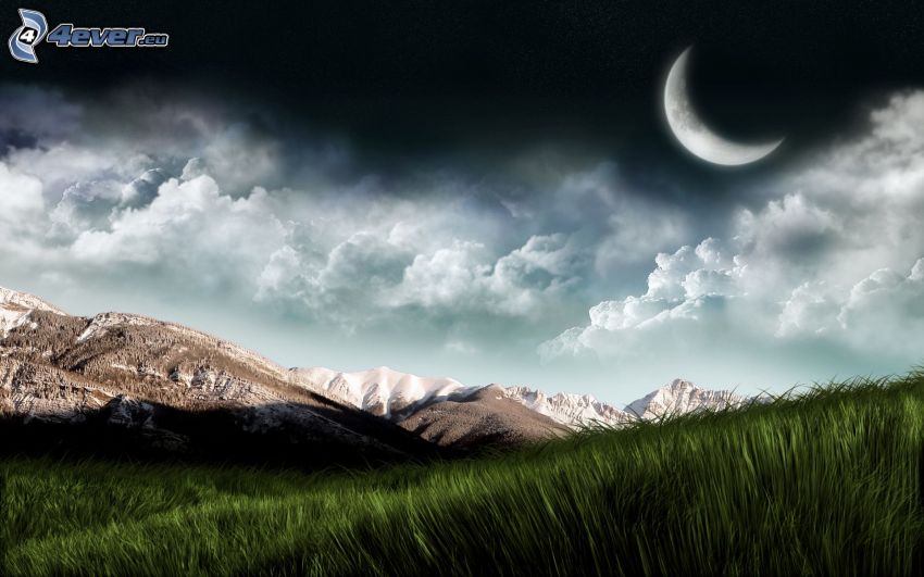 mountain, meadow, moon, clouds